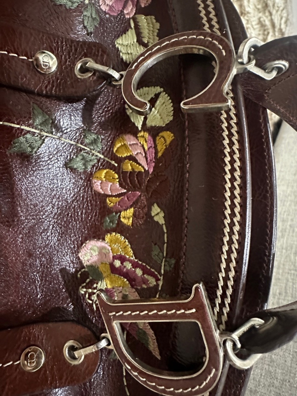 DIOR Burgundy -Dark Brown leather CD Bag with Pink & Green Floral Embroidery - Picture 4 of 14